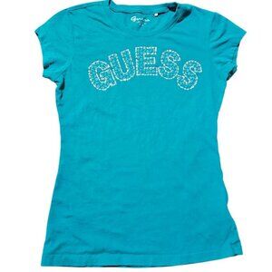 Wm y2k Guess Baby Tee Sz M Cap Sleeve, Logo, Embellished, Rhinestones, 2000s